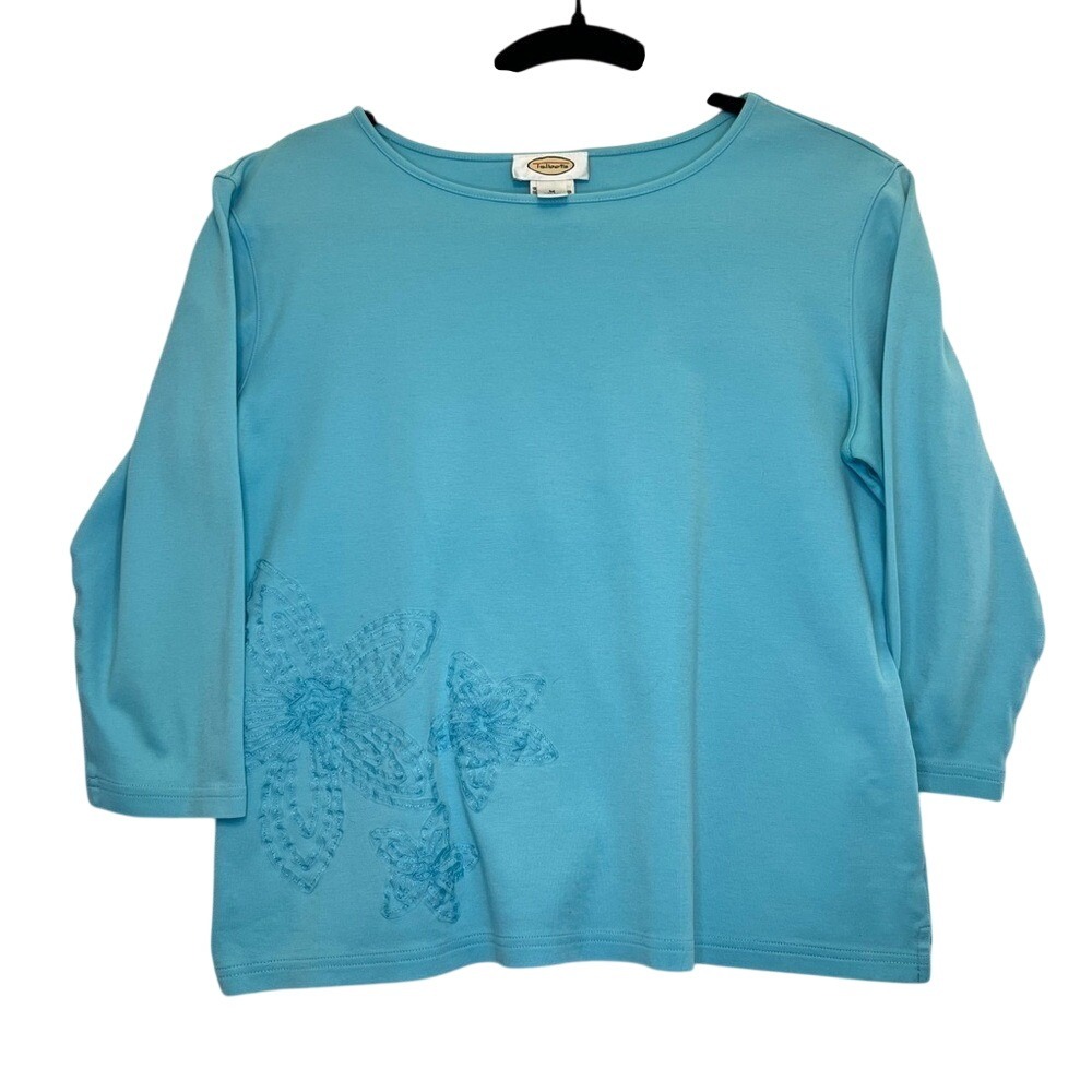 Vintage Talbots Aqua Blue Floral Embroidered Cotton Tee 3/4 Sleeve Bateau Neck M